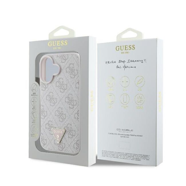 Husa pentru  iPhone 16 Plus Guess - Leather 4G Triangle Strass - roz