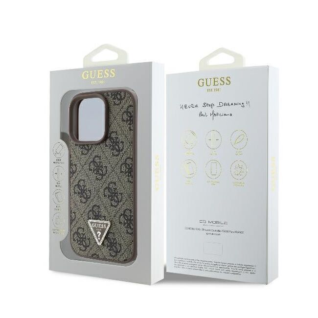 Husa pentru  iPhone 16 Pro Guess - Leather 4G Triangle Strass - maro