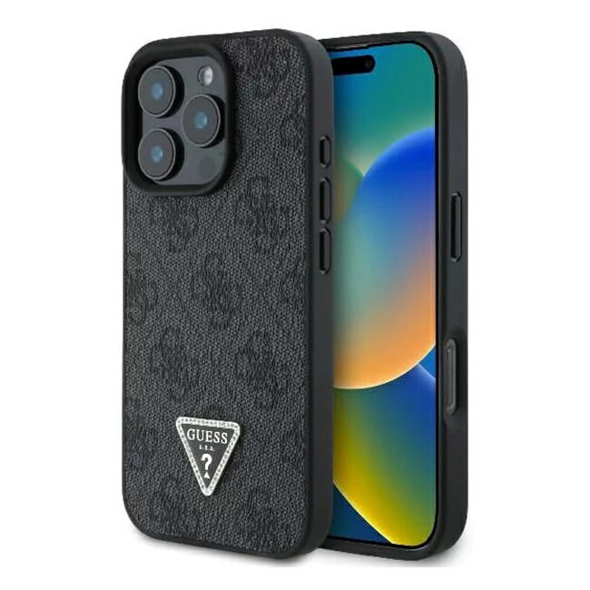 Husa pentru  iPhone 16 Pro Guess - Leather 4G Triangle Strass - negru