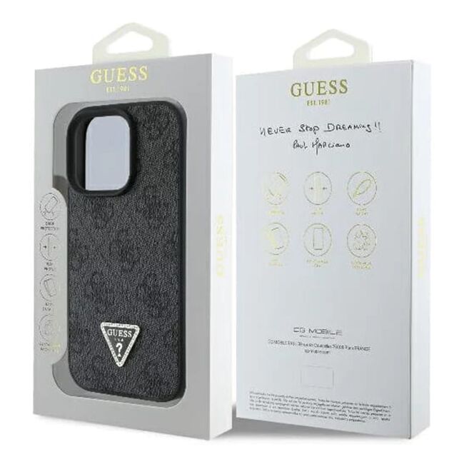 Husa pentru  iPhone 16 Pro Guess - Leather 4G Triangle Strass - negru