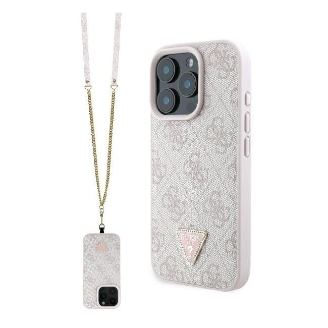 Husa pentru  iPhone 16 Pro Guess - Leather Metal Logo Strass Crossbody - roz