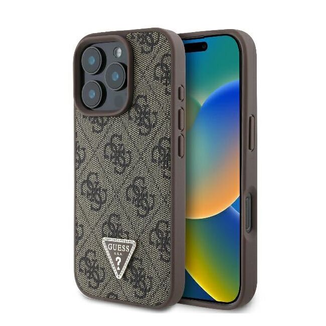 Husa pentru  iPhone 16 Pro Max Guess - Leather 4G Triangle Strass - maro