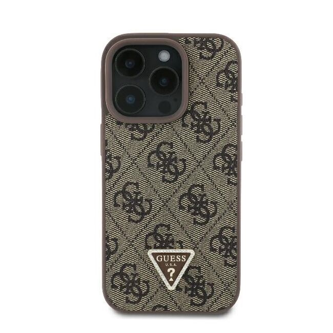 Husa pentru  iPhone 16 Pro Max Guess - Leather 4G Triangle Strass - maro