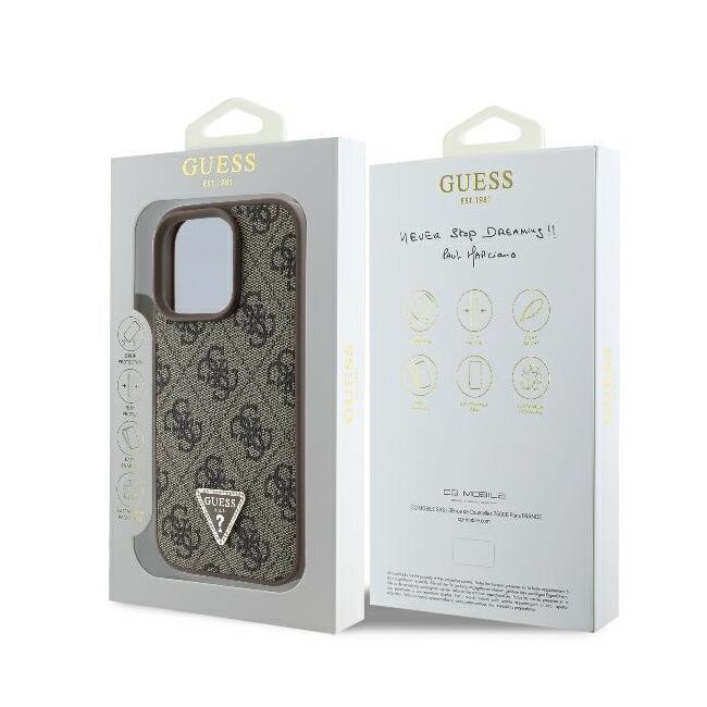 Husa pentru  iPhone 16 Pro Max Guess - Leather 4G Triangle Strass - maro