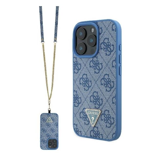 Husa pentru  iPhone 16 Pro Max Guess - Leather Metal Logo Strass Crossbody - albastru