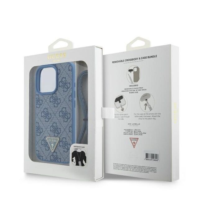 Husa pentru  iPhone 16 Pro Max Guess - Leather Metal Logo Strass Crossbody - albastru