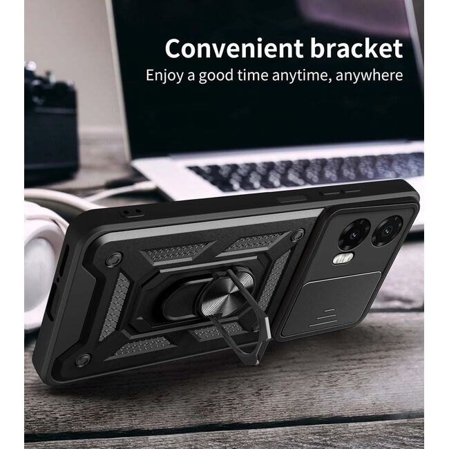 Husa pentru  Motorola Moto G35 Ring Armor Kickstand Tough Rugged Cover cu protectie camera, negru