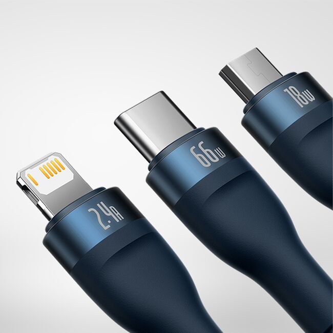Cablu de date si incarcare 3 in 1 Baseus - Data Cable Flash Series 2 USB 3.0 la USB Type-C, Lightning, Micro-USB Fast Charging 66W, 1.2 m - albastru