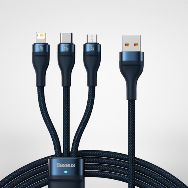 Cablu de date si incarcare 3 in 1 Baseus - Data Cable Flash Series 2 USB 3.0 la USB Type-C, Lightning, Micro-USB Fast Charging 66W, 1.2 m - albastru