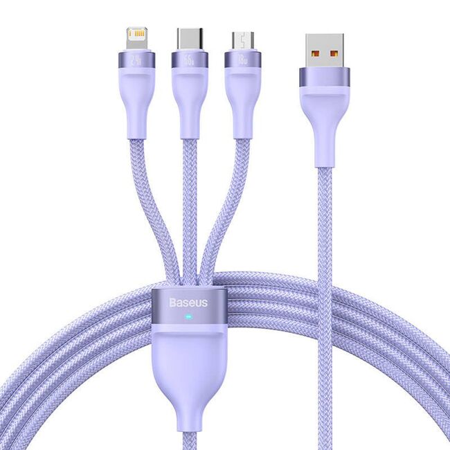 Cablu de date si incarcare 3 in 1 Baseus - Data Cable Flash Series 2 USB 3.0 la USB Type-C, Lightning, Micro-USB Fast Charging 66W, 1.2 m - mov