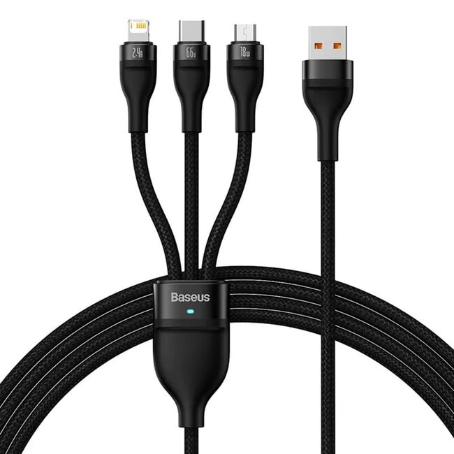 Cablu de date si incarcare 3 in 1 Baseus - Data Cable Flash Series 2 USB 3.0 la USB Type-C, Lightning, Micro-USB Fast Charging 66W, 1.2 m - negru