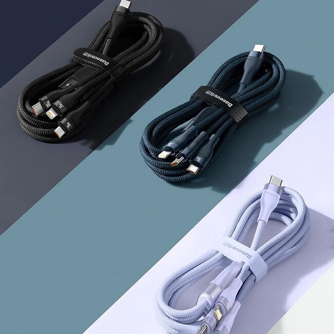 Cablu de date si incarcare 3 in 1 Baseus - Data Cable Flash Series 2 USB Type-C la USB Type-C, Lightning, Micro-USB Fast Charging 100W, 1.5 m - albastru