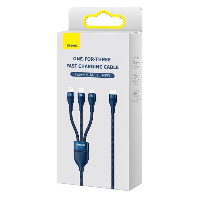 Cablu de date si incarcare 3 in 1 Baseus - Data Cable Flash Series 2 USB Type-C la USB Type-C, Lightning, Micro-USB Fast Charging 100W, 1.5 m - albastru