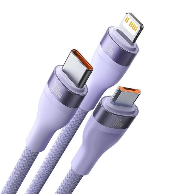 Cablu de date si incarcare 3 in 1 Baseus - Data Cable Flash Series 2 USB Type-C la USB Type-C, Lightning, Micro-USB Fast Charging 100W, 1.5 m - mov