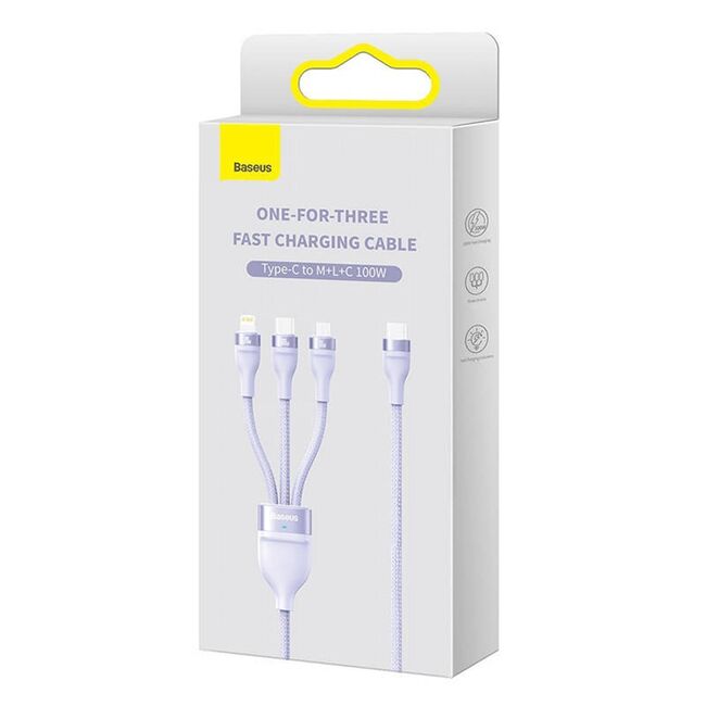 Cablu de date si incarcare 3 in 1 Baseus - Data Cable Flash Series 2 USB Type-C la USB Type-C, Lightning, Micro-USB Fast Charging 100W, 1.5 m - mov