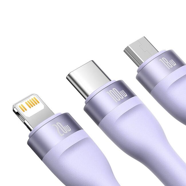 Cablu de date si incarcare 3 in 1 Baseus - Data Cable Flash Series 2 USB Type-C la USB Type-C, Lightning, Micro-USB Fast Charging 100W, 1.5 m - mov