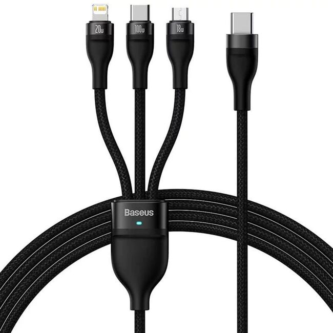 Cablu de date si incarcare 3 in 1 Baseus - Data Cable Flash Series 2 USB Type-C la USB Type-C, Lightning, Micro-USB Fast Charging 100W, 1.5 m - negru