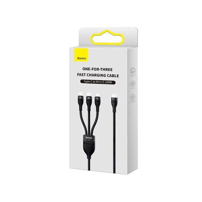 Cablu de date si incarcare 3 in 1 Baseus - Data Cable Flash Series 2 USB Type-C la USB Type-C, Lightning, Micro-USB Fast Charging 100W, 1.5 m - negru