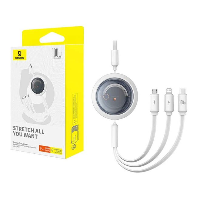 Cablu de date si incarcare 3 in 1 Baseus - Data Cable Free2Draw USB 3.0 la USB Type-C, Lightning, Micro-USB Fast Charging 100W, retractabil, 1.1 m - alb