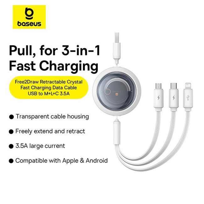 Cablu de date si incarcare 3 in 1 Baseus - Data Cable Free2Draw USB 3.0 la USB Type-C, Lightning, Micro-USB Fast Charging 100W, retractabil, 1.1 m - alb