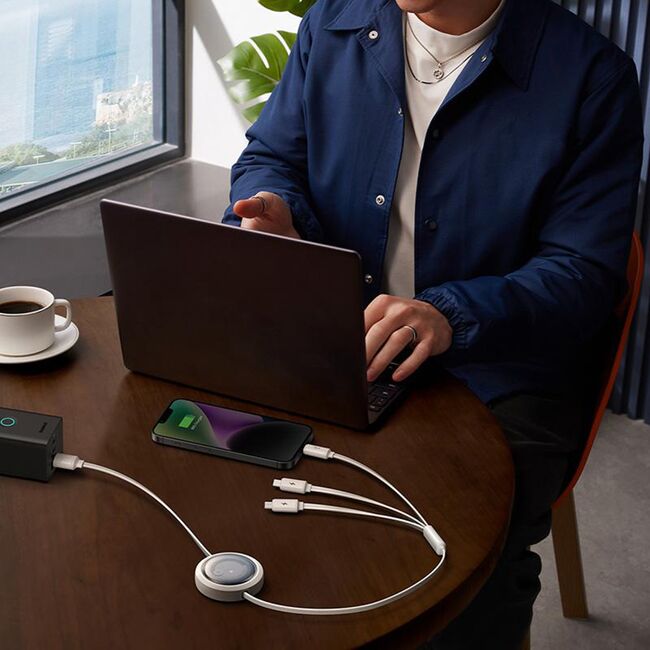 Cablu de date si incarcare 3 in 1 Baseus - Data Cable Free2Draw USB 3.0 la USB Type-C, Lightning, Micro-USB Fast Charging 100W, retractabil, 1.1 m - alb