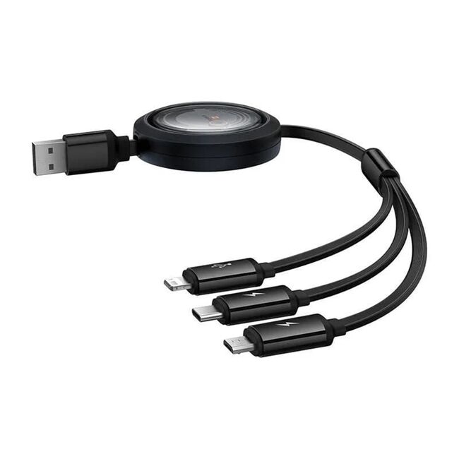 Cablu de date si incarcare 3 in 1 Baseus - Data Cable Free2Draw USB 3.0 la USB Type-C, Lightning, Micro-USB Fast Charging 100W, retractabil, 1.1 m - negru