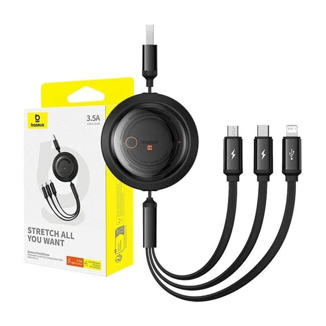 Cablu de date si incarcare 3 in 1 Baseus - Data Cable Free2Draw USB 3.0 la USB Type-C, Lightning, Micro-USB Fast Charging 100W, retractabil, 1.1 m - negru