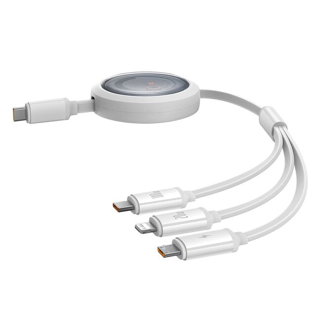 Cablu de date si incarcare 3 in 1 Baseus - Data Cable Free2Draw USB Type-C la USB Type-C, Lightning, Micro-USB Fast Charging 100W, retractabil, 1.1 m - alb
