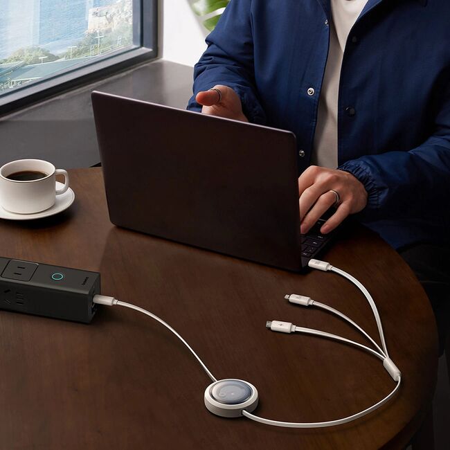 Cablu de date si incarcare 3 in 1 Baseus - Data Cable Free2Draw USB Type-C la USB Type-C, Lightning, Micro-USB Fast Charging 100W, retractabil, 1.1 m - alb