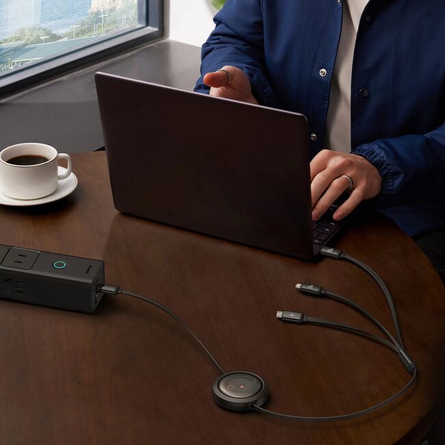 Cablu de date si incarcare 3 in 1 Baseus - Data Cable Free2Draw USB Type-C la USB Type-C, Lightning, Micro-USB Fast Charging 100W, retractabil, 1.1 m - negru