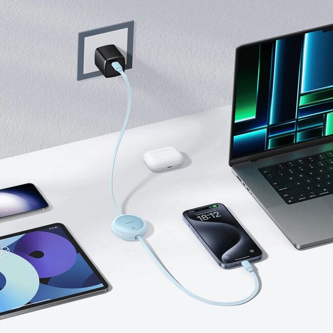 Cablu de date si incarcare Baseus - Data Cable Free2Pull Mini USB Type-C la USB Type-C, Fast Charging 60W, retractabil, 1m - albastru