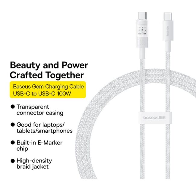 Cablu de date si incarcare Baseus - Data Cable Gem USB Type-C la USB Type-C, Super Fast Charging 100W, 2m - alb