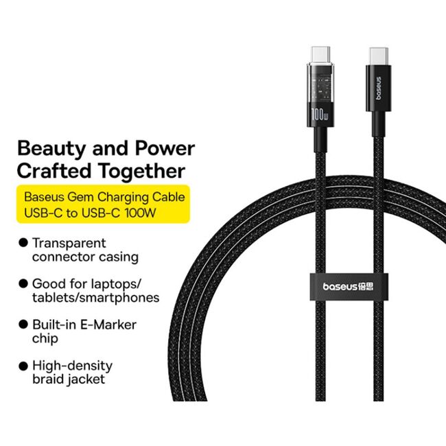 Cablu de date si incarcare Baseus - Data Cable Gem USB Type-C la USB Type-C, Super Fast Charging 100W, 2m - negru