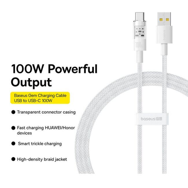 Cablu de date si incarcare Baseus - Data Cable Gem USB la USB Type-C, Super Fast Charging 100W, 1m - alb