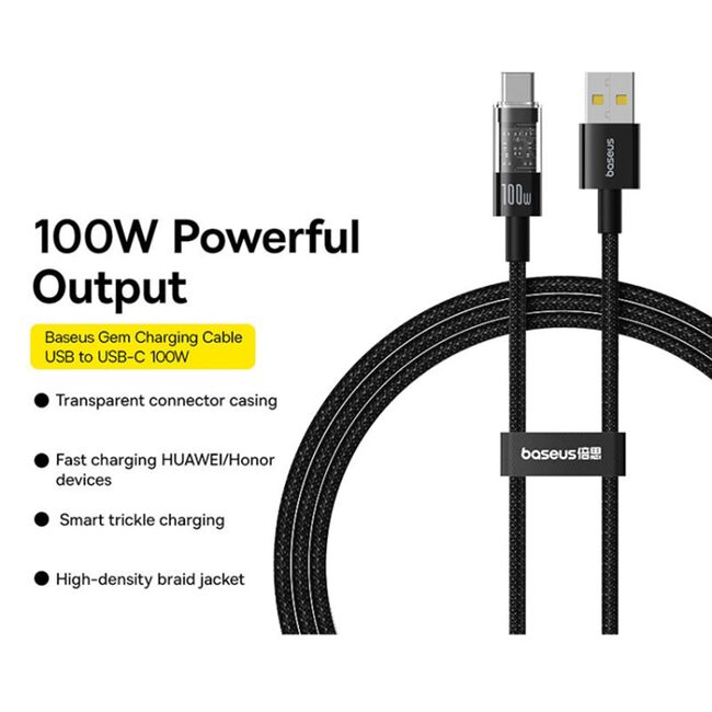 Cablu de date si incarcare Baseus - Data Cable Gem USB la USB Type-C, Super Fast Charging 100W, 1m - negru
