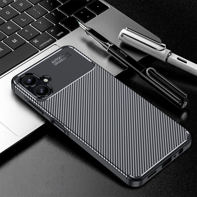 Husa de protectie pentru  Samsung Galaxy A06 Auto Focus Slim, Anti-Scratch, cu fibra de carbon si protectie lentile - Negru