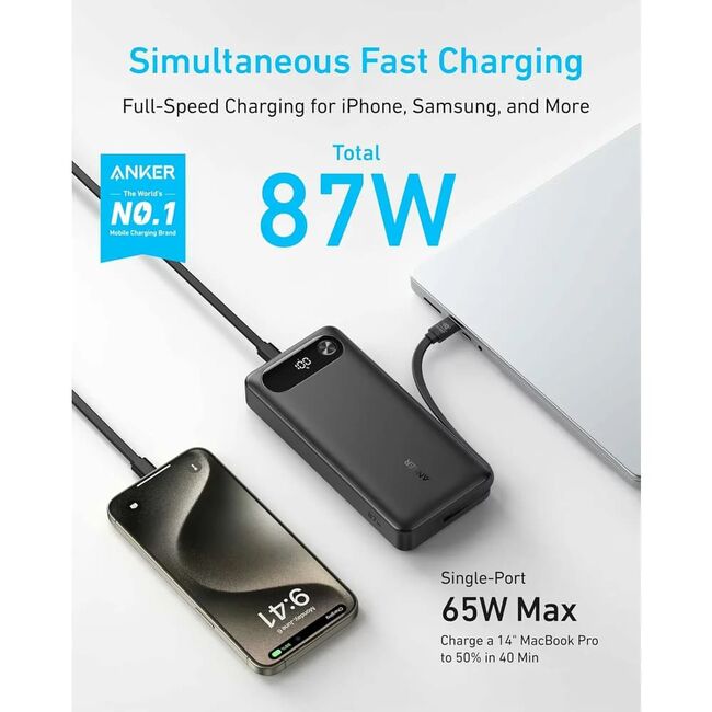Acumulator extern Anker PowerCore 20000 mAh, 87W, 2x USB-C, 1x USB-A, cablu USB-C incorporat, Negru