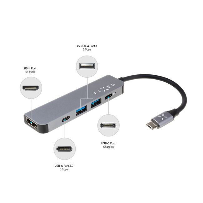 Hub Type-C, 2 x USB, HDMI 4K, 100W Fixed, gri, FIXHU-MN-GR