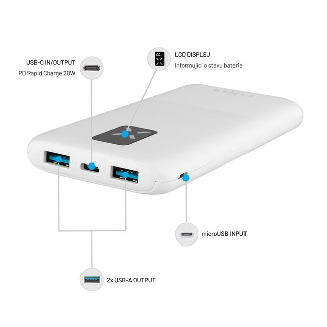 Baterie externa Powerbank 2x USB, Type-C, 20W, 10000 mAh, LCD Display, Fixed, alb, FIXZEN-10-WH
