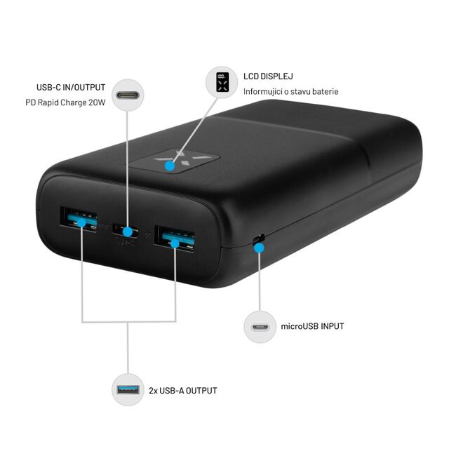 Baterie externa 2x USB, Type-C, 20W, 20000mAh, LCD Display Fixed, FIXZEN-20-BK, negru