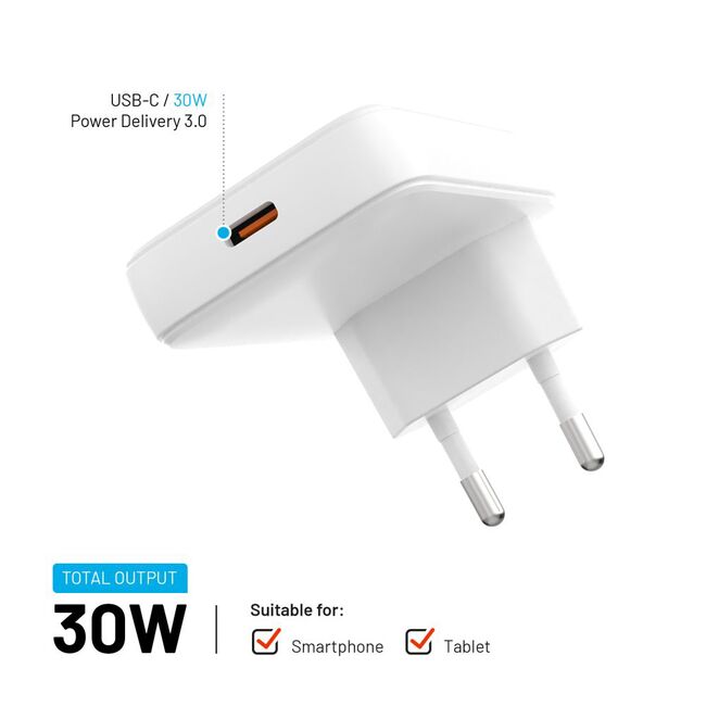 Incarcator GaN Type-C Fixed, slim, 30W, FIXCG30S-C-WH, alb