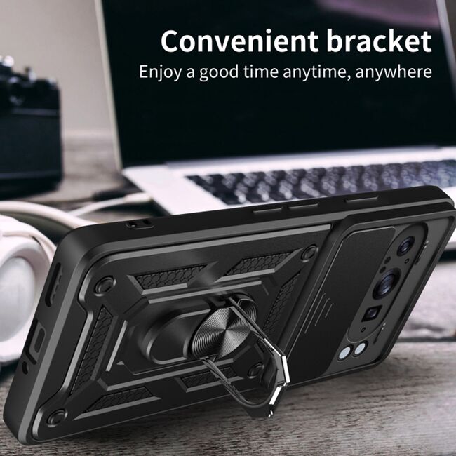 Husa pentru  Google Pixel 9 Pro XL Ring Armor Kickstand Tough Rugged Cover cu protectie camera, albastru