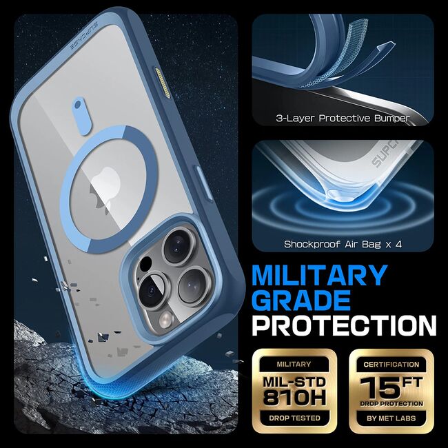 Husa iPhone 16 Pro Max Supcase Unicorn Beetle Slim Clear MagSafe, bleu