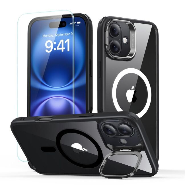 [Pachet 360°] Husa + folie iPhone 16 Plus ESR Classic Hybrid HaloLock Kickstand, negru/transparenta