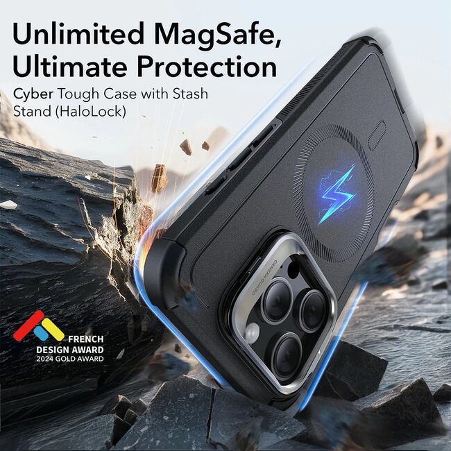 Husa iPhone 16 Pro ESR Cyber Armor Kickstand, gri