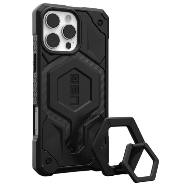 Husa iPhone 16 Pro Max UAG Monarch Pro MagSafe Bundle, Carbon Fiber / Black Stand