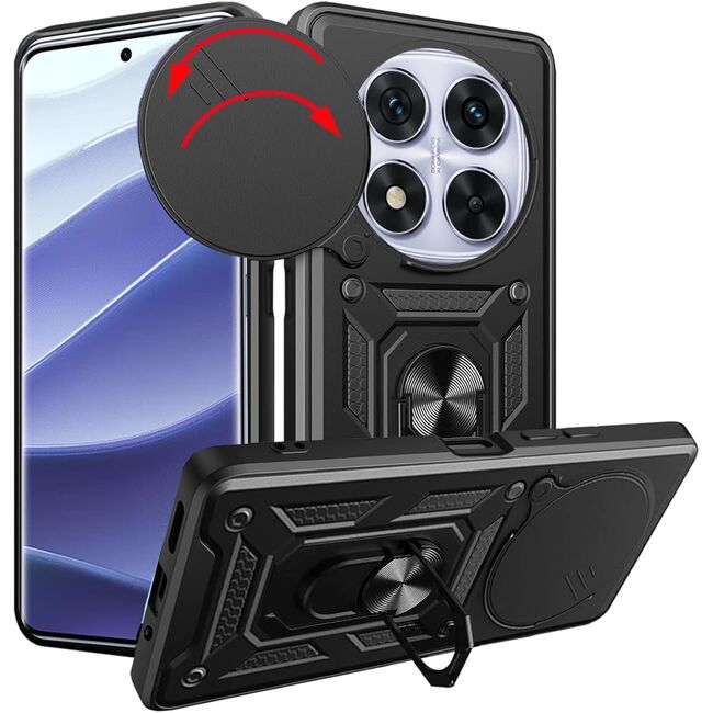 Husa pentru Xiaomi Redmi Note 14 Pro 5G Ring Armor Kickstand Tough Rugged Cover cu protectie camera, negru