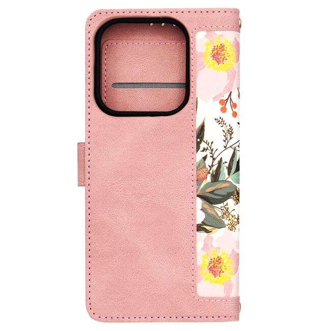 Husa tip carte pentru  Xiaomi Redmi Note 14 5G, functie stand si port carduri, roz