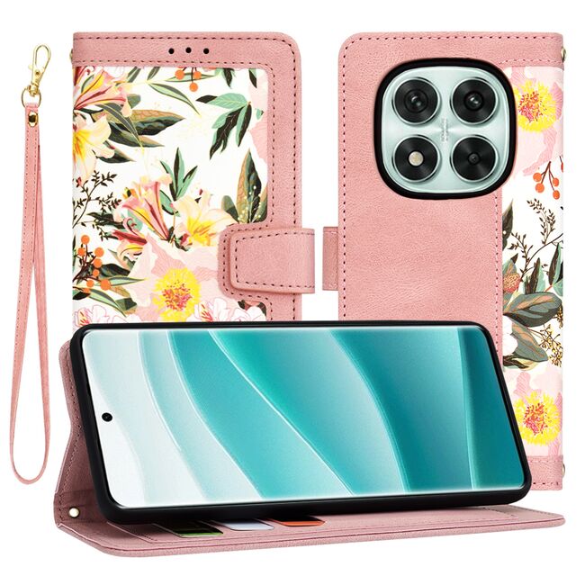 Husa tip carte pentru Xiaomi Redmi Note 14 Pro 5G, functie stand si port carduri, roz