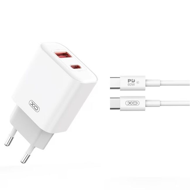 Set incarcator pentru Samsung, Oppo, Realme, Xiaomi, Honor Fast Charge pentru priza XO L64 20W plus cablu USB type-C - type-C, 1 x USB QC3.0,  1 x PD USB-C, alb